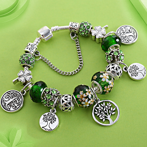 Stering 925 Argent Arbre de Vie De Mode Perle Pan Bracelet vert Cristal Floral Feuille Charmes Snap Bouton Bracelet & Bracelet Pulsera ► Photo 1/5