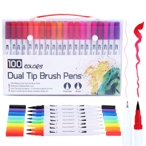 Stylos pour peinture, marqueurs artistiques, Fineliner, 12/18/24/36/48/72/100 couleurs, brosse à double pointe, fournitures de papeterie scolaire ► Photo 1/6