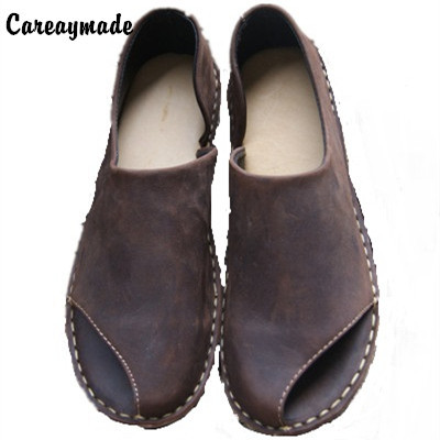 Careaymade-pur fait main tout cuir de vachette chaussures l'art rétro mori fille femme poisson bouche sandales mocassins chaussures, café/kaki ► Photo 1/6