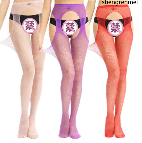 Shenrenmei-bas de Lingerie Sexy pour femmes, collants Sexy, antidérapant, ouvert, grande taille, maille, blanc, violet, rouge, rose ► Photo 1/6