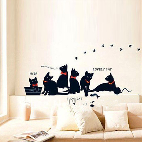 Vinyle Stickers muraux papier peint Animal dessin animé noir chat famille salon canapé Stickers muraux maison décoration affiche décor à la maison ► Photo 1/6