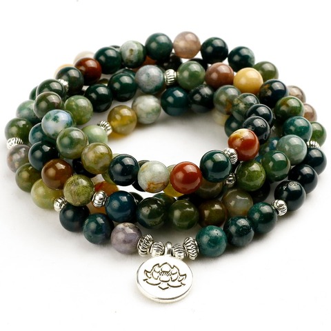 Collier Mala bouddhiste tibétain en pierre naturelle d'onyx indien, perle à double usage, Bracelet de Yoga, prière pour cadeau de méditation, 108 ► Photo 1/6