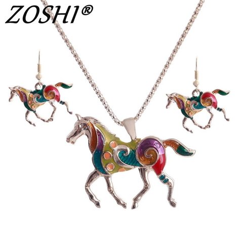 ZOSHI – ensemble de bijoux colorés en émail pour filles, bijoux ethniques uniques en or avec pendentif cheval, collier et boucles d'oreilles ► Photo 1/6