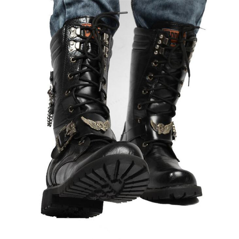 Bottes de moto en cuir pour hommes, chaussures de Combat Punk Goth, décontracté, à la mode ► Photo 1/6