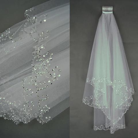Voile de mariage, court, blanc ou ivoire, avec bord de cristal, avec peigne, 2 voiles en perles pour mariée ► Photo 1/1