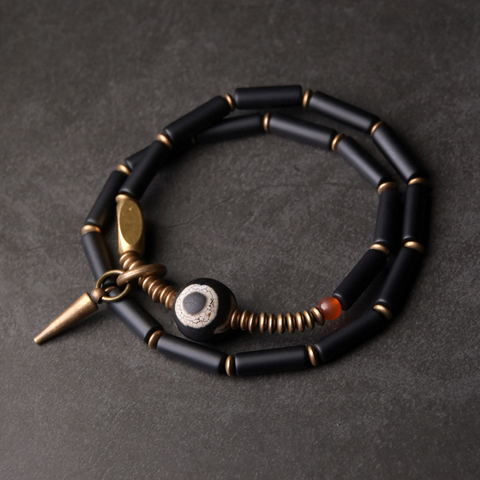 Bracelet de perles tibétaines en Onyx noir pour hommes et femmes, Vintage, en cuivre, Vajar Zen, bijoux de guérison, accessoire de protection ► Photo 1/6
