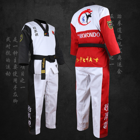 Haute qualité noir rouge Taekwondo uniforme formation Taekwondo costumes broderie uniformes Poomsae dobok WTF approuvé taille 160-190cm ► Photo 1/6