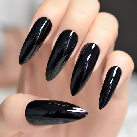 Clous à aiguilles noirs extrêmement longs 24 ensemble complet d'ongles Gel UV fini presse sur ongles Halloween sorcière griffe fantaisie ongles ► Photo 1/6