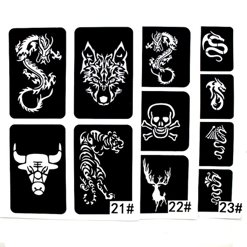 22 PCS/Lot paillettes tatouage pochoir Cool dessin modèles pour hommes loup Dragon tigre crâne Animal aérographe henné tatouage pochoirs ► Photo 1/6