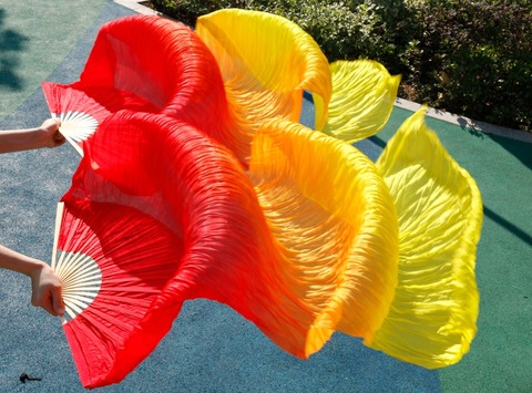 Succès haute vente femmes qualité soie danse du ventre Fan danse 100% réel soie voiles 1 paire 180*90 CM rouge + Orange + jaune ► Photo 1/6