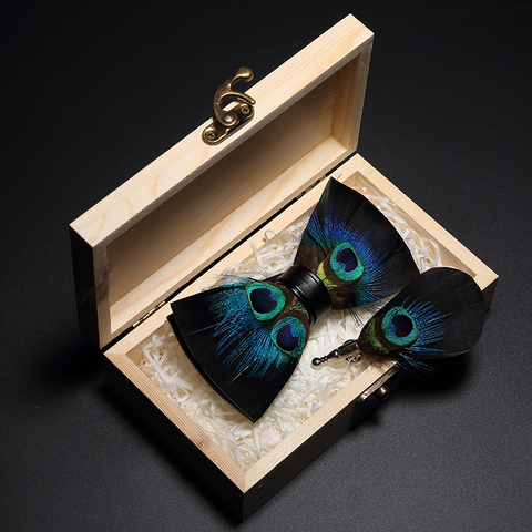 JEMYGINS – nœud-papillon en forme de plume de paon, fait à la main, en cuir, broche, boîte en bois, cadeau de fête de mariage ► Photo 1/6