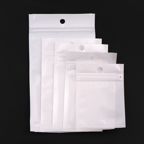 Emballage plastique blanc/transparent de 5 tailles, emballage plastique pour la vente au détail, sac Poly à fermeture à glissière, sac de rangement avec trou de suspension ► Photo 1/6