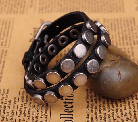 Bracelet en alliage de métal clouté à Double enroulement en cuir pour hommes, breloque noire, G402 ► Photo 1/6