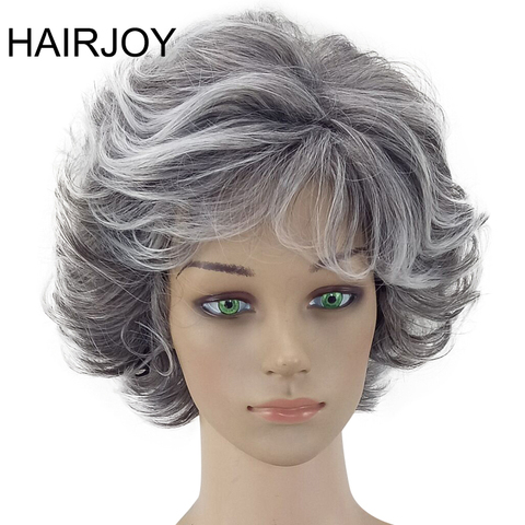 HAIRJOY femmes perruque 2 tons gris blanc Ombre synthétique courte couches cheveux bouclés bouffant frange résistant à la chaleur 9 couleur disponible ► Photo 1/6