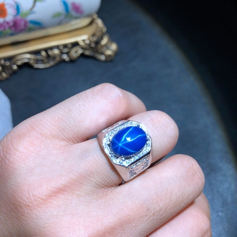 Grande vente taureau forme bleu étoile saphir pierre gemme bague homme argent homme anneau réel 925 en argent sterling cadeau d'anniversaire puissance musculaire ► Photo 1/1