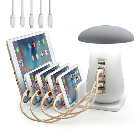 Chargeur de téléphone USB Multiple lampe de nuit champignon charge 5 Ports Station support Dock QC 3.0 chargeur rapide pour tablette de téléphone portable ► Photo 1/6