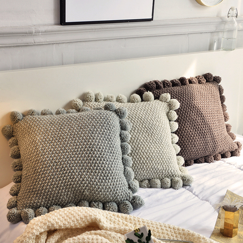 Housse de coussin en tricot, gris massif, café, Style nordique solide taie d'oreiller, avec boules, 45x45cm, souple, pour canapé-chambre, décoration de la maison ► Photo 1/6