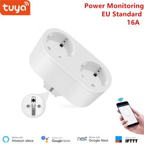 Alexa compatible 2 en 1 WiFi prise 16A ue standard surveillance de la puissance Tuya app télécommande prise intelligente fonctionne avec google home ► Photo 1/6