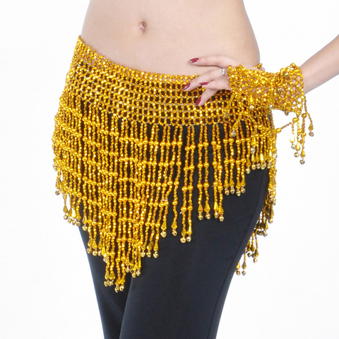 Vêtements de Bellydance pour femmes, écharpe de hanche à pompon, élastique pour la danse du ventre, ceinture enveloppée avec franges perlées or/argent ► Photo 1/6