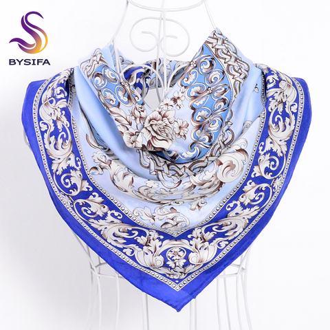 [BYSIFA] bleu blanc soie écharpe dames châle Style chinois classique fleurs 100% soie Twill carré foulards enveloppes pour printemps automne ► Photo 1/6