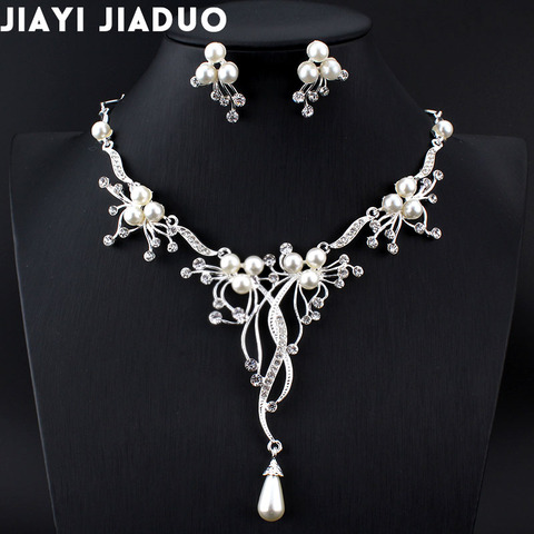 Jiayijiaduo Imitation perles ensembles de bijoux de mariée pour les femmes couleur argent strass collier boucles d'oreilles ensembles bijoux de mariage ► Photo 1/6