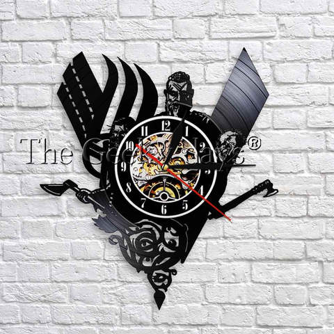 Viking horloge murale montre noir suspendu vinyle Record horloge murale Vintage mystérieux Norse Magick mur décor Unique idée cadeau ► Photo 1/6