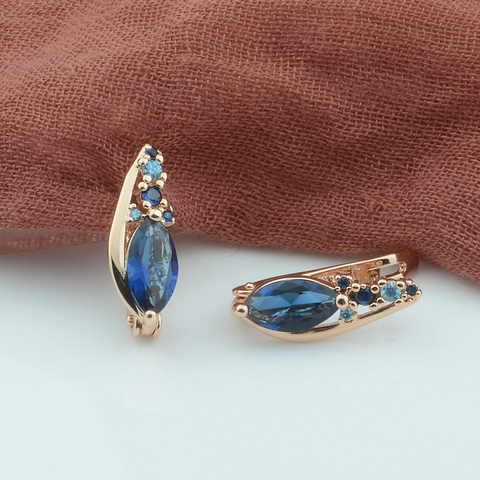 FJ-boucles d'oreilles pour femmes, pendentif, couleur or Rose, bleu, pierre, 585 ► Photo 1/4