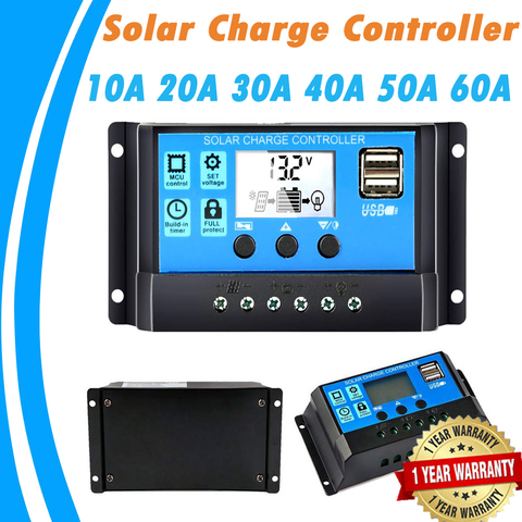 Contrôleur de chargeur solaire 60A 50A 40A 30A 20A 10A 12V 24V chargeur de batterie LCD double régulateur de panneau solaire USB pour entrée Max 50V PV ► Photo 1/6