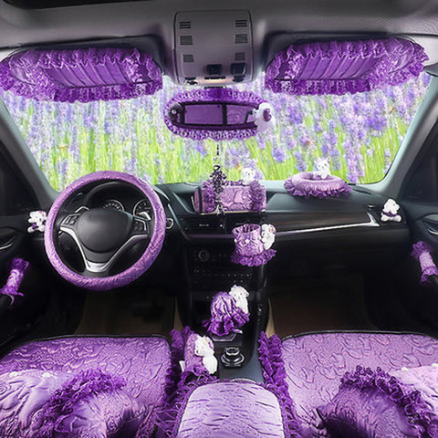 Violet Voiture Intérieur Décoration Accessoires Pour Femmes Filles Soie Steeing Roue Couverture Ceinture de Sécurité Shifter Frein À Main Couvre Ensemble ► Photo 1/6