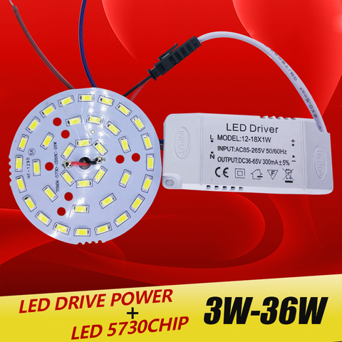 3W 7W 12W 18W 24W 36W 5730 SMD panneau lumineux panneau de lampe Led pour plafond + ca 100-265V LED alimentation pilote combinaison ► Photo 1/2