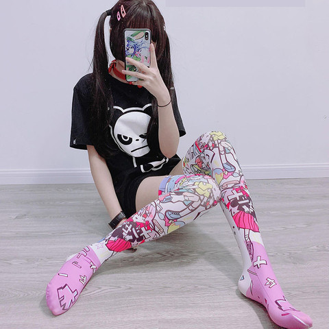 Femmes sur le genou bas Polyester mince drôle bande dessinée longs bas pour fille impression 3D japonais Kawaii haut bas de noël ► Photo 1/6