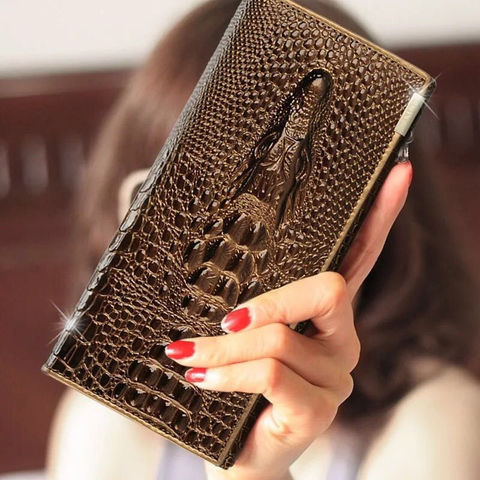 Portefeuille porte-monnaie à loquet pour femmes, porte-monnaie en cuir véritable de marque en cuir véritable 3D gaufrage Alligator motif Crocodile, Long mur de pochette ► Photo 1/6