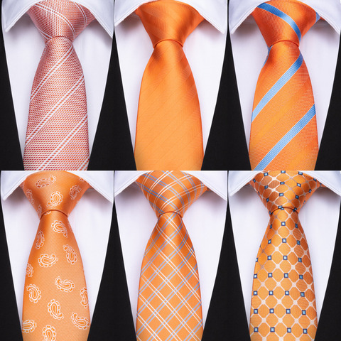 DiBanGu – cravate à carreaux Paisley pour hommes, boutons de manchette Hanky, cravate de cou en soie pour hommes, cravate de fête de mariage, Orange rayé solide ► Photo 1/6