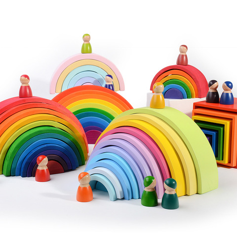 Ensemble de jeu de jeu Montessori et Waldorf, 12 pièces, jouets d'inspiration arc-en-ciel en bois, blocs arc-en-ciel colorés, jouet empileur pour nourrisson ► Photo 1/6