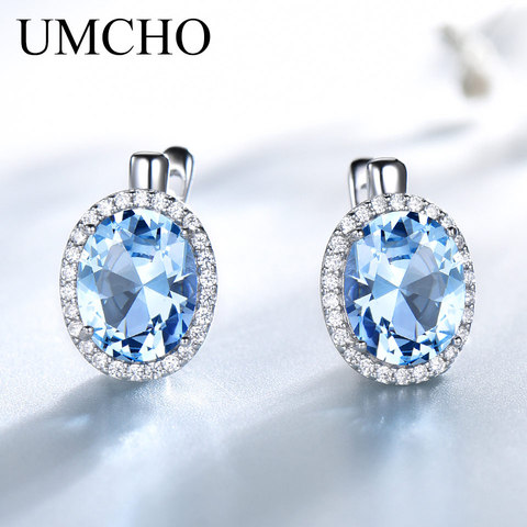 UMCHO – boucles d'oreilles ovales classiques en topaze bleu ciel pour femmes, bijoux fins, en argent massif 925, cadeau de mariage ► Photo 1/6