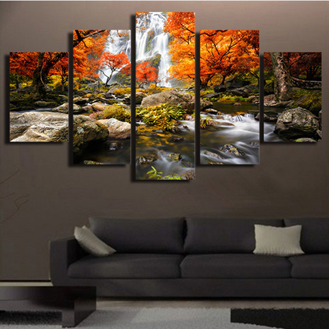 Toile imprimée HD, affiche murale modulaire, cadre d'images d'art, 5 pièces, peinture de paysage de forêt naturelle d'automne, décor de maison pour salon ► Photo 1/6