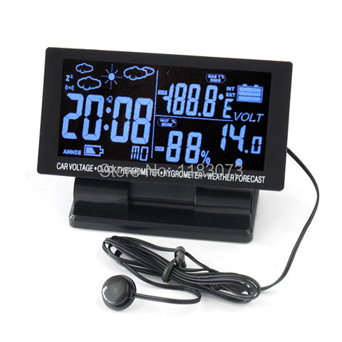 Marque 4in1 thermomètre de voiture numérique hygromètre DC 12 V LCD véhicule tension horloge météo prévision température humidité mètre ► Photo 1/6