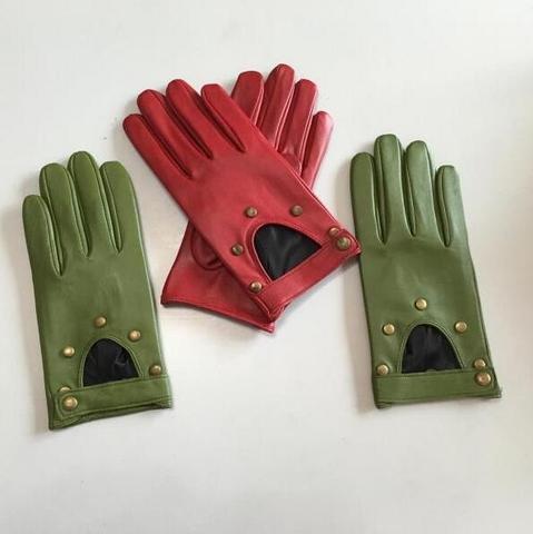 Gants en cuir véritable pour femmes, en cuir naturel, Style Punk, gants de conduite de moto ajourés, rouge et vert, R749 ► Photo 1/6