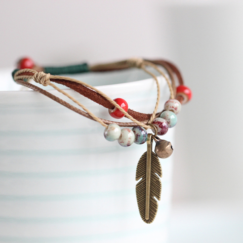 Mode ethnique Style haute qualité Original en céramique Bronze réglable à la main en porcelaine perles corde bracelets pour femme #1454 ► Photo 1/5