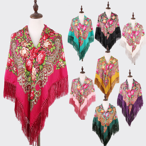 Femmes fleur impression russe châle carré écharpe longue gland mouchoir surdimensionné Floral Palatine Wrap Cape étole 135*135 CM ► Photo 1/6