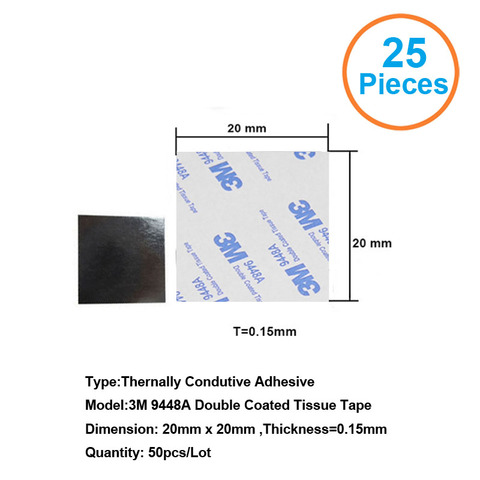 Bande adhésive thermoconductrice pour dissipateur thermique, 25 pièces, 3 m9448a 20x20x0.15mm ► Photo 1/2