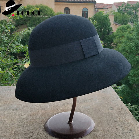 Chapeau Fedora pour femmes, robe écrasante, Style Vintage, chapeau 100% en laine Pure, en feutre, à large bord, noir, gris, avec bande Simple ► Photo 1/6