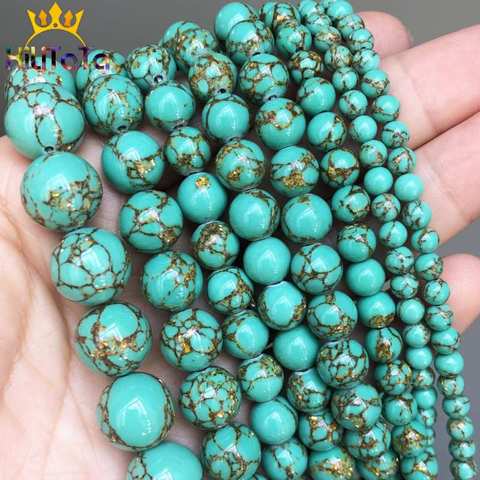 Perles rondes en pierres turquoise vertes, ligne d'or, pour la fabrication de colliers Bracelets à faire soi-même, brins de 15 pouces, 4/6/8/10/12mm ► Photo 1/6