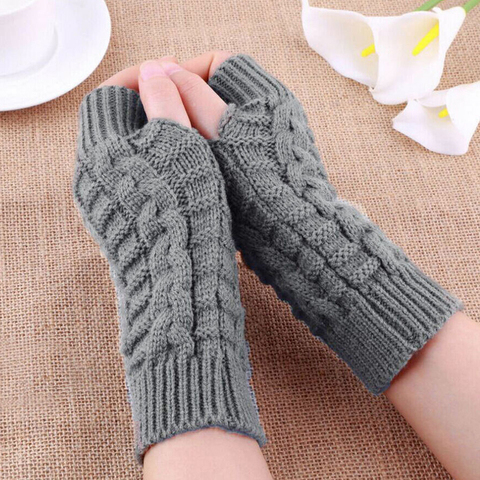 Gants chauds d'hiver pour femmes filles | Mitaines tricotées de couleur unie, gants épais en laine artificielle sans doigts ► Photo 1/6