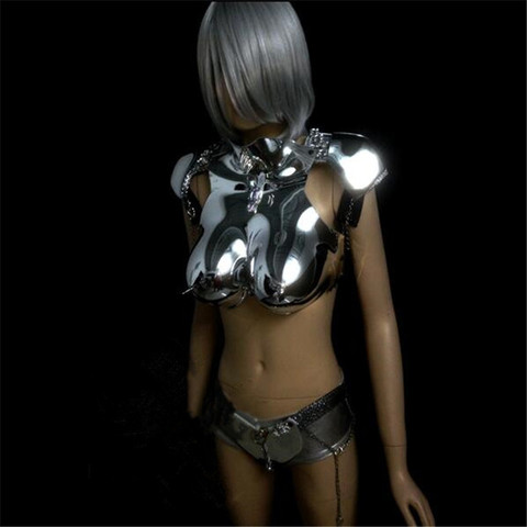 Costume de robot de danse pour salle de bal pour femmes, costumes de spectacle de dj, body en armure avec miroir argenté, tenues bar rave, robe soutien-gorge de dj, KS48 ► Photo 1/1