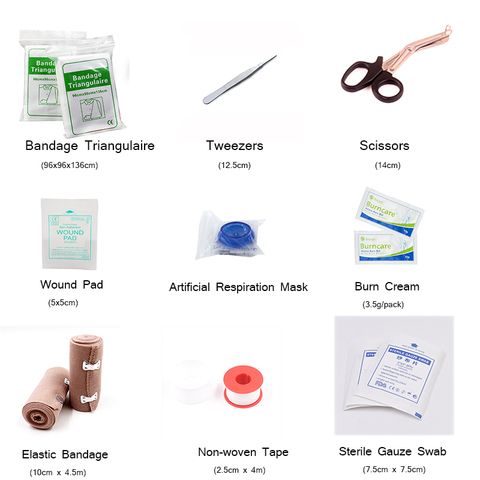 Première trousse de secours bricolage Bandage Triangulaire Pincettes Plaie Pad masque rcp bande médicale Ciseaux Écouvillon Stérile Brûler Crème ► Photo 1/1