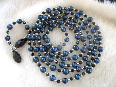 Collier de perles d'eau douce, long, presque rond, 7 à 8nmm, 52 pouces, quartz naturel noir, goutte à facettes, pour cadeau ► Photo 1/1
