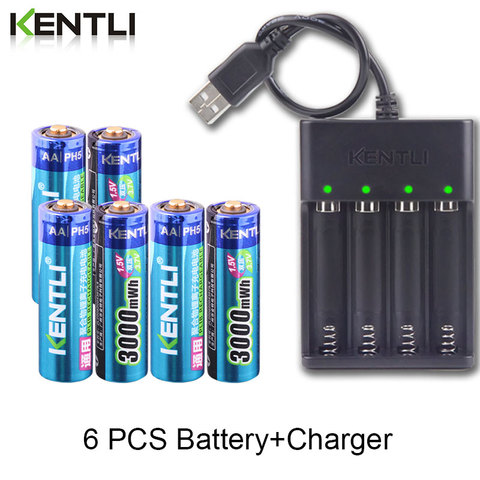 KENTLI 1.5v 3000mWh sans effet mémoire pile au lithium polymère li-ion rechargeable aa + chargeur USB 4 emplacements ► Photo 1/6