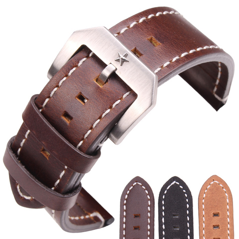 Bracelet de montre Vintage en cuir véritable pour hommes, 24mm, en cuir de vache, noir, marron foncé, avec fermoir pentagramme en acier inoxydable ► Photo 1/1