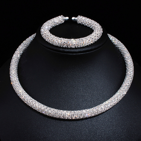 Nouveau Disign De Luxe Maxi Cristal Collier Collier Or/Argent Plaqué Strass Couples Ras du cou Pour Femmes Bijoux De Mariage ► Photo 1/6